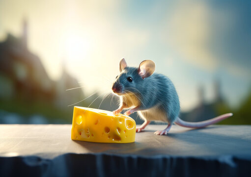 Sly little grey mouse on a piece of cheese. Rodent with food on a blurred backdrop. Close up. Generative AI.