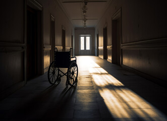 Fototapeta na wymiar Empty long corridor in the hospital. Old-fashioned wheelchair left in the hall. Generative AI.