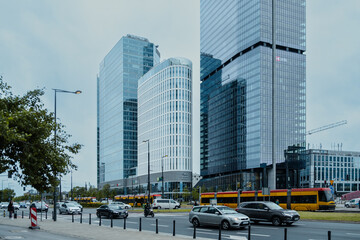 Transportation in modern city center - May 27, 2022. Warsaw, Poland.