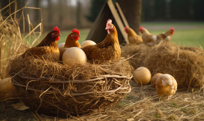 Red hens sit comfortably in the nest. Chickens hatching eggs at farm on the straw. Generative AI.
