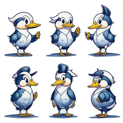 set of funny cartoon ducks. character sheet, illustration for children's book, multi positions.