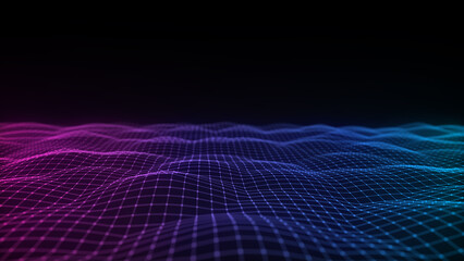 Futuristic digital wave. Dark cyberspace. Abstract wave with dots. White moving particles on background. 3d rendering.