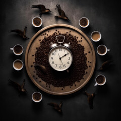 A clock on the tray with coffee beans. Cups of coffee and birds around. Top view. Generative AI.