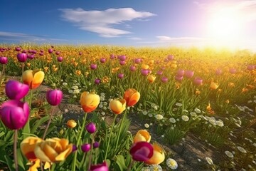 Vivid and bright flowers in a field with photorealistic landscapes in spring and summer. Help save the planet! Generative AI