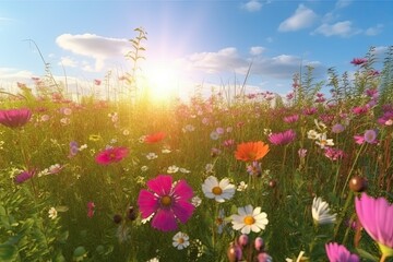 Vivid and bright flowers in a field with photorealistic landscapes in spring and summer. Help save the planet! Generative AI