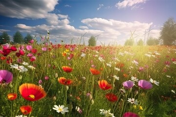 Vivid and bright flowers in a field with photorealistic landscapes in spring and summer. Help save the planet! Generative AI