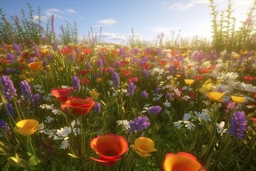 Obraz premium Vivid and bright flowers in a field with photorealistic landscapes in spring and summer. Help save the planet! Generative AI