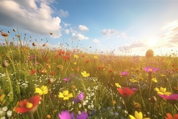 Fototapeta premium Vivid and bright flowers in a field with photorealistic landscapes in spring and summer. Help save the planet! Generative AI