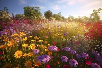 Fototapeta premium Vivid and bright flowers in a field with photorealistic landscapes in spring and summer. Help save the planet! Generative AI