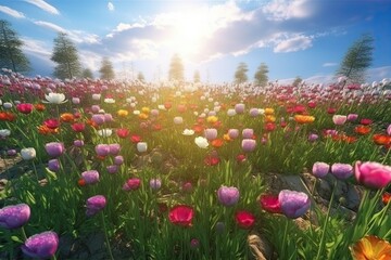 Fototapeta premium Vivid and bright flowers in a field with photorealistic landscapes in spring and summer. Help save the planet! Generative AI