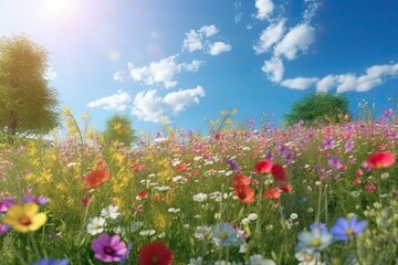 Obraz premium Vivid and bright flowers in a field with photorealistic landscapes in spring and summer. Help save the planet! Generative AI