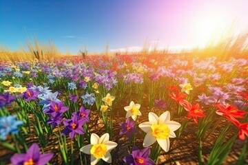 Fototapeta premium Vivid and bright flowers in a field with photorealistic landscapes in spring and summer. Help save the planet! Generative AI