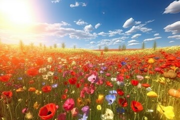 Fototapeta premium Vivid and bright flowers in a field with photorealistic landscapes in spring and summer. Help save the planet! Generative AI