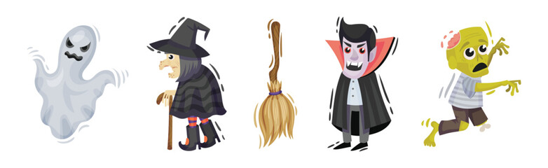 Halloween with Creepy Ghost, Witch, Broom, Vampire and Zombie Vector Set