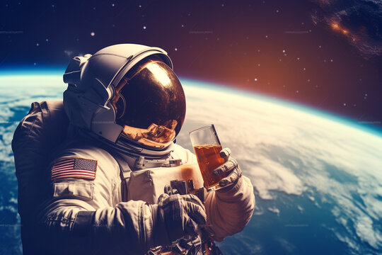 Astronaut Enjoying a Beer in Outer Space representing the idea of relaxation and enjoyment even in the most unconventional settings. Ai generated