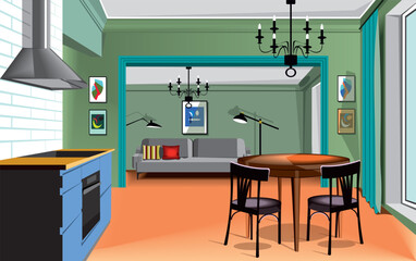 beautiful modern style interior of the living room with a kitchen zone with a round table and grey sofa.