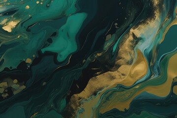 Abstract mixing of gold and green acrylic paint, stone effect. Generative ai.