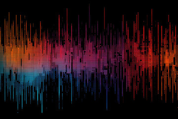 Color noise overlay. Glitch texture. Distressed matrix. Blue orange white pink gradient digital distortion defect on dark black abstract background