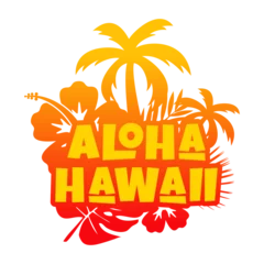 Fototapeten Logo vacaciones en Hawái. Letras de la palabra aloha Hawaii con letras estilo hawaiano con silueta de plantas tropicales  © teracreonte