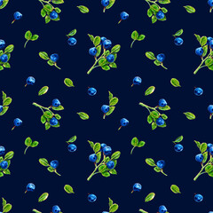 Fototapeta na wymiar Seamless pattern of forest plants bluebery drawn with markers on a dark blue background. For fabric, sketchbook cover, wallpaper, print, textile, your design.