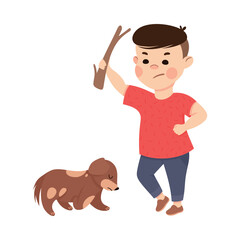 Offensive Boy Bullying and Abusing Puppy Threatening It with Stick Vector Illustration