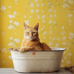 Cozy Cat in Vintage Tub, Photo Art Created with Generative AI and Other Techniques