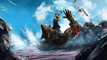 A Scandinavian Viking girl with an axe in her hand kills a monster in the icy desert, drops of blood fly through the air, a werewolf fell to the ground and screams in pain, chained and waving. 2d art © Николай Акатов