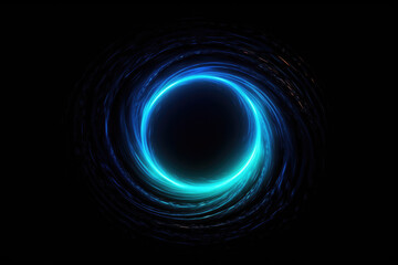 Blur glow background. Galaxy portal. Moonlight radiance. Defocused neon blue color lunar light sphere in ridged swirl texture tunnel on dark black