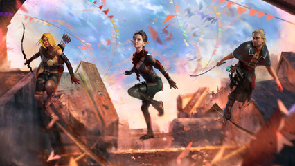 A group of acrobatic thieves makes their way across the roofs of a medieval city: an archer in a hood, a robber with a saber, an elf with a dagger. festive flags and dust are flying in the air. 2d art © Николай Акатов
