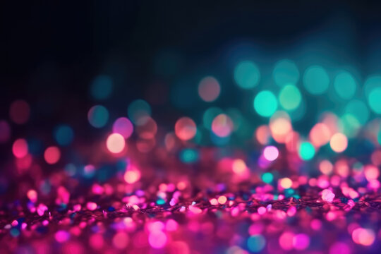 Defocused glow overlay. Light flare. Bokeh radiance. Blur neon blue pink color gradient glare glitter texture dark abstract copy space background