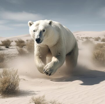 Oso polar corriendo en el desierto