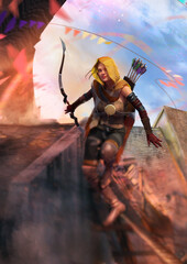 An archer in a yellow hood and leather armor makes her way across the roofs of a medieval city, she walks on a tightrope like an acrobat, festive flags and confetti flutter in the background. 2d art