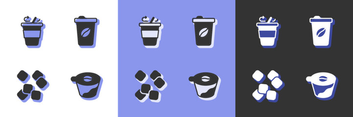 Set Pour over coffee maker, Coffee cup to go, Sugar cubes and icon. Vector