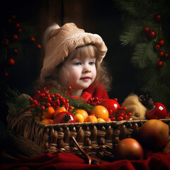 Fototapeta na wymiar Festive Holiday Still Life with Young Girl and Basket of Fresh Fruits Photo Art Created with Generative AI and Other Techniques