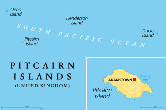 Pitcairn Islands, a British Overseas Territory, political map. Pitcairn, Henderson, Ducie and Oeno Islands. South Pacific volcanic island group. The Mutiny on the Bounty took place on Pitcairn Island.