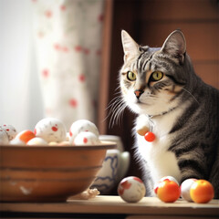 Fototapeta na wymiar Adorable Kitchen Feline: Tabby Cat Posing Among Culinary Delights Photo Art Created with Generative AI and Other Techniques