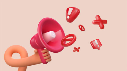 Prohibition vector illustration. Attention of warning, danger, fake news or safety caution information. Attention warning of false news. Human hand holding red loudspeaker and flying attention icons.