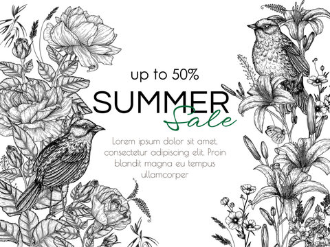 Vector summer frame of flowers and birds in engraving style. Linear graphic lilies, roses, nightingales