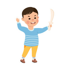 Little Boy with Angry Grimace Threatening Somebody with Toy Sword Vector Illustration