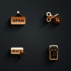 Set Hanging sign with text Open, Scissors cuts discount coupon, Buy button and Online shopping phone icon with long shadow. Vector