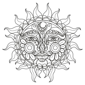 The sun hand drawn for adult coloring book
