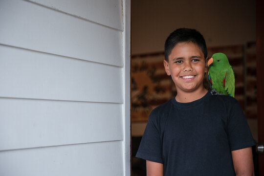 Young Aboriginal boy with pet eclectus parrot
