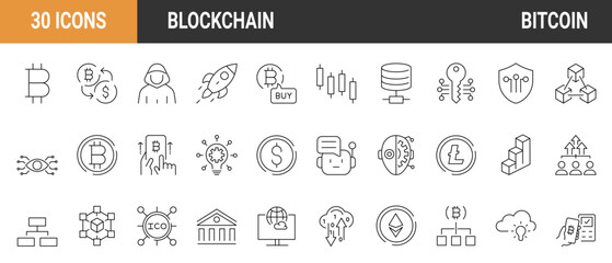 Set of 30 Cryptocurrency economy web icons collection. Blockchain package. Bitcoin, NFT, Vector illustration. Outline icon. Editable stroke.