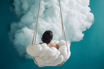 Illustration of a person sitting in a cloud-like swing chair with a blue background, representing relaxation and comfort. Ai generated
