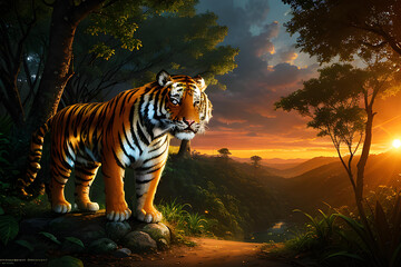 Illustration of tiger in natural environment, outdoors.