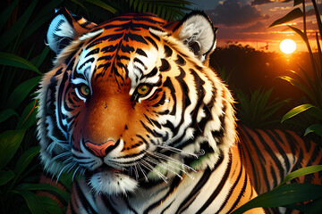 Naklejka na ściany i meble Illustration of tiger in natural environment, outdoors.