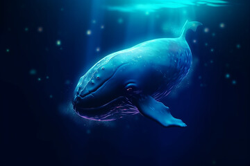 Fototapeta premium Blue Whale, Majestic Creature of the Ocean, swimming in the ocean with sun rays shining through the water. Ai generated