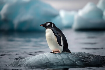 Global Warming Concept with Penguin on a Stranded Melting Iceberg emphasizing the danger of Global Warming. Ai generated