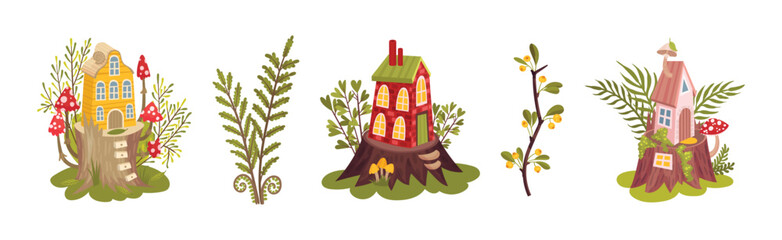Forest Botany Element with Fairy House on Tree Stump and Twig Vector Set © Happypictures