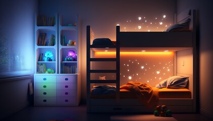 a beautiful, unique children's room with a bunk bed, cozy colors, LED light